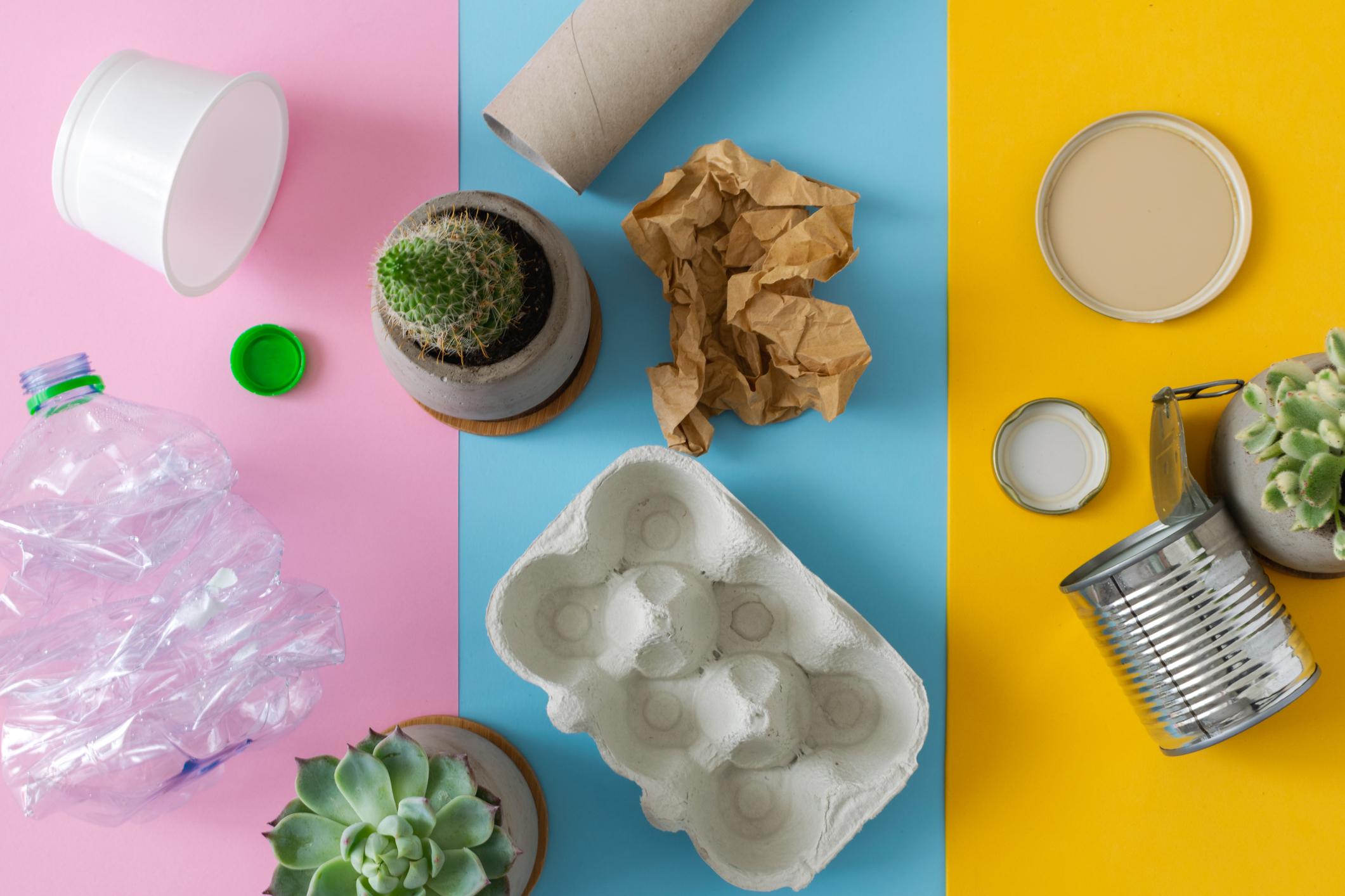 Environmental conservation concept – rubbish prepared for recycling, cardboard, plastic, metal, glass